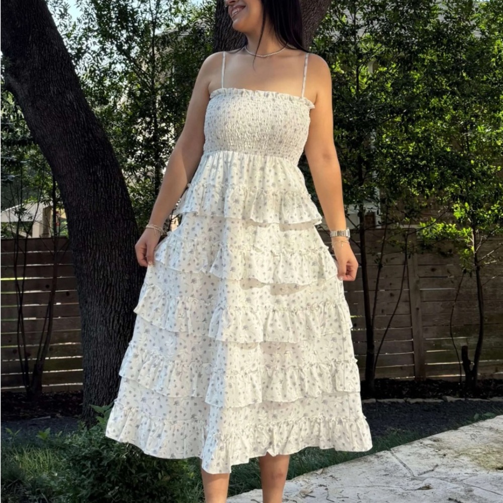 Wildflower Tiered Midi Dress - Cream/Blue - ShinyByNature 4x